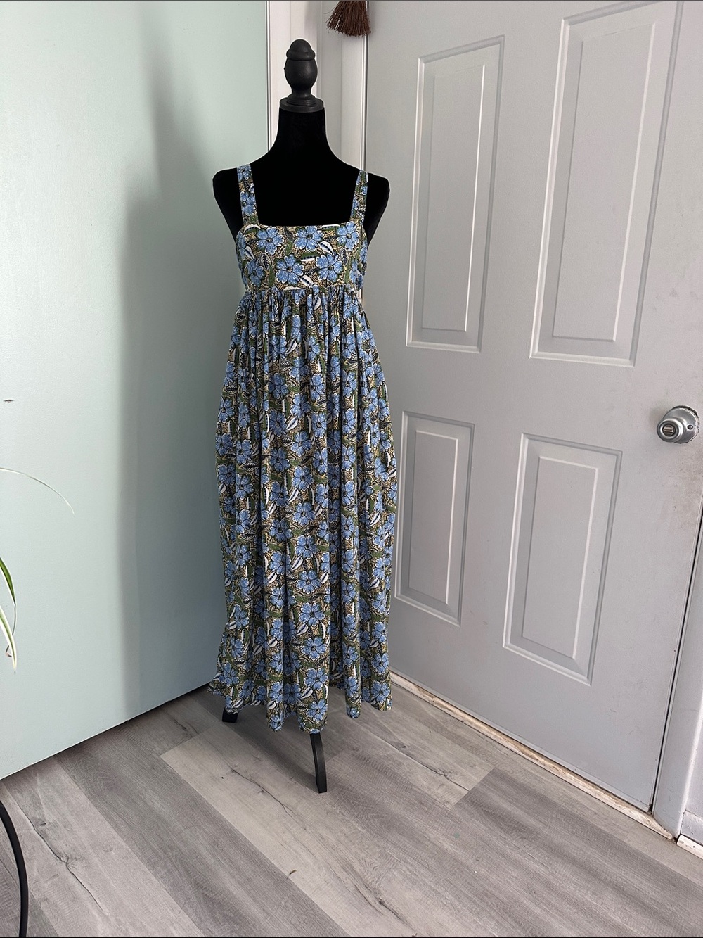Blue Floral Maxi Sundress with Straps